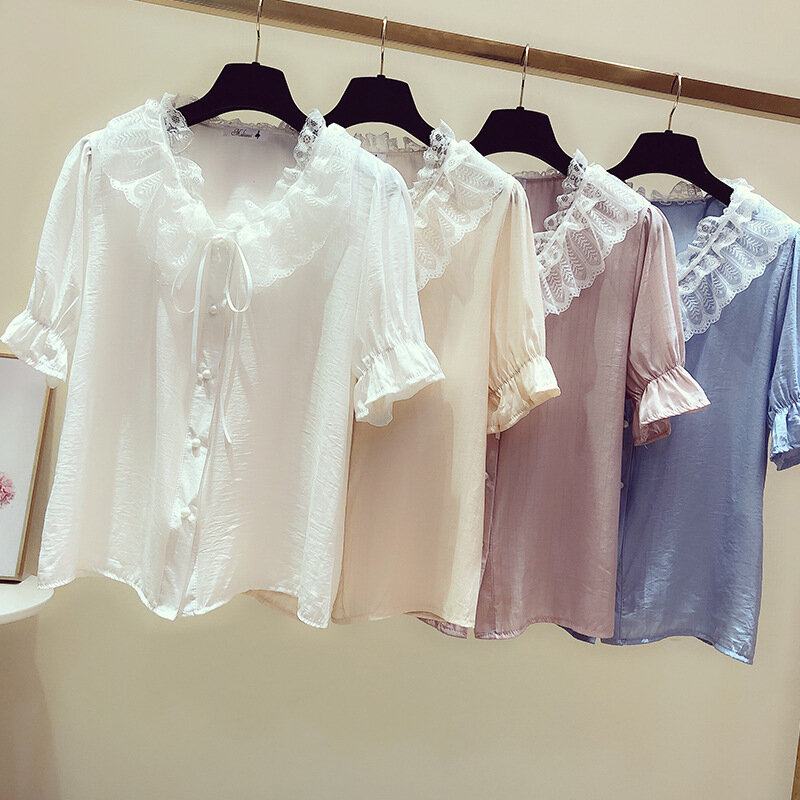 الحلو الدانتيل Bowknot قميص المرأة الصيف قصيرة الأكمام V طوق بلوزة أعلى فتاة لون نقي جديد الكورية Preppy نمط قمصان H9155
