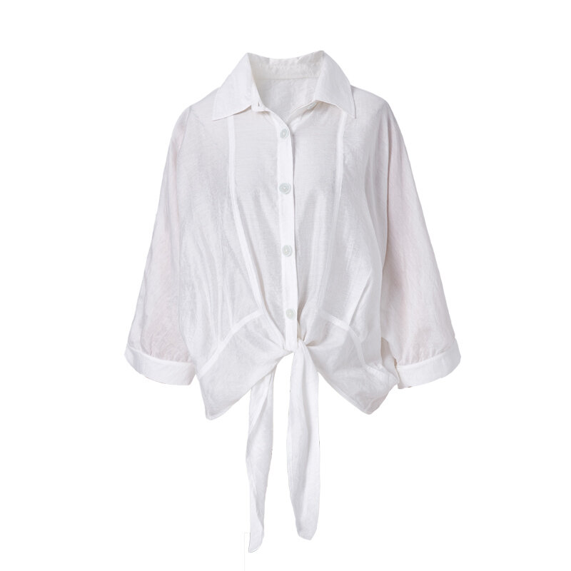 ARTKA-قميص نسائي أبيض ، بلوزة كاجوال عصرية بتصميم خاص ، قميص قصير فضفاض مع ياقة مقلوبة ، بلوزة من النايلون SA10096C ، صيف 2019