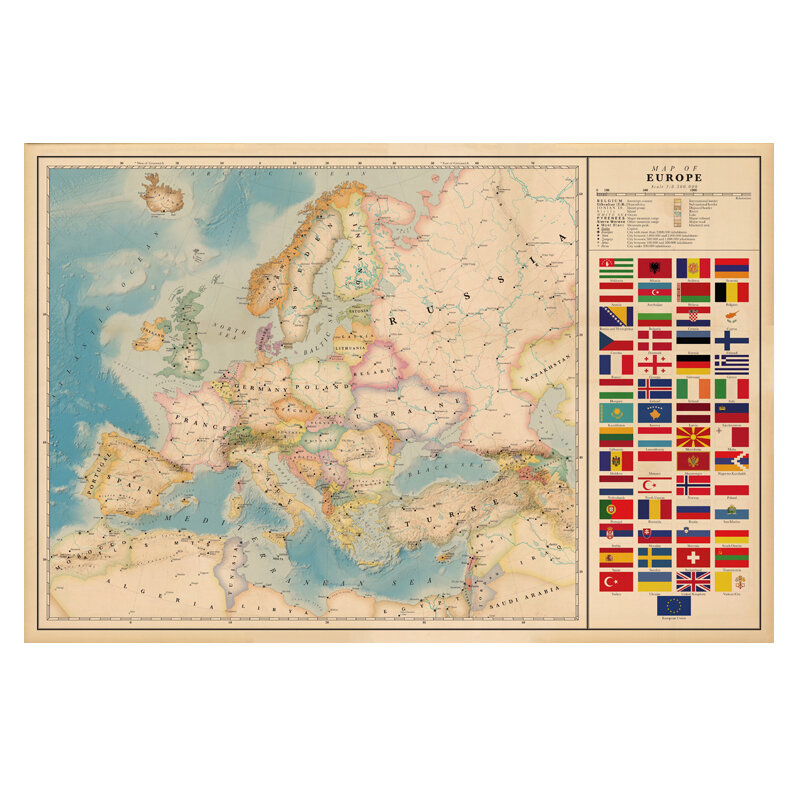 Europe Map Poster Size Wall Decoration Large Map of The Europe 80x53 Waterproof canvas map