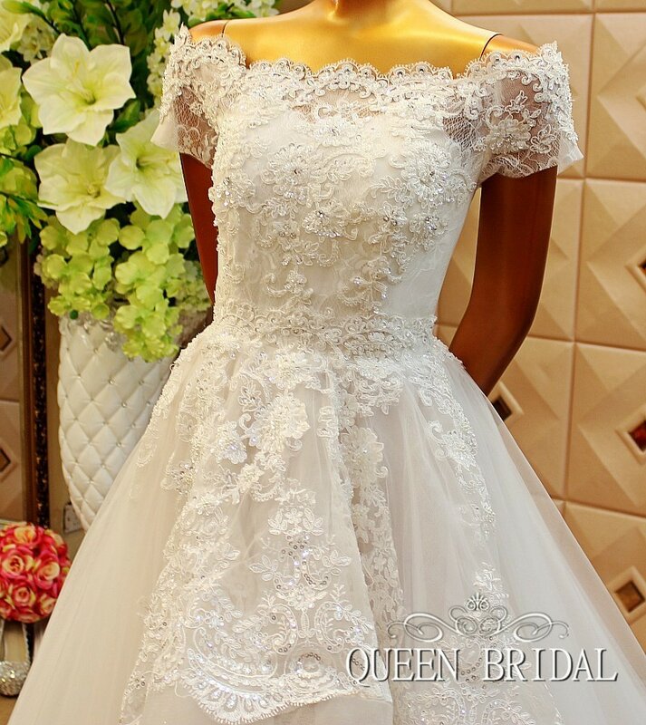 مخصص الكرة ثوب عالية منخفضة الأكمام قصيرة تول الدانتيل الكريستال الخرز مثير فساتين الزفاف ثوب زفاف Vestidos دي نوفيا WS64