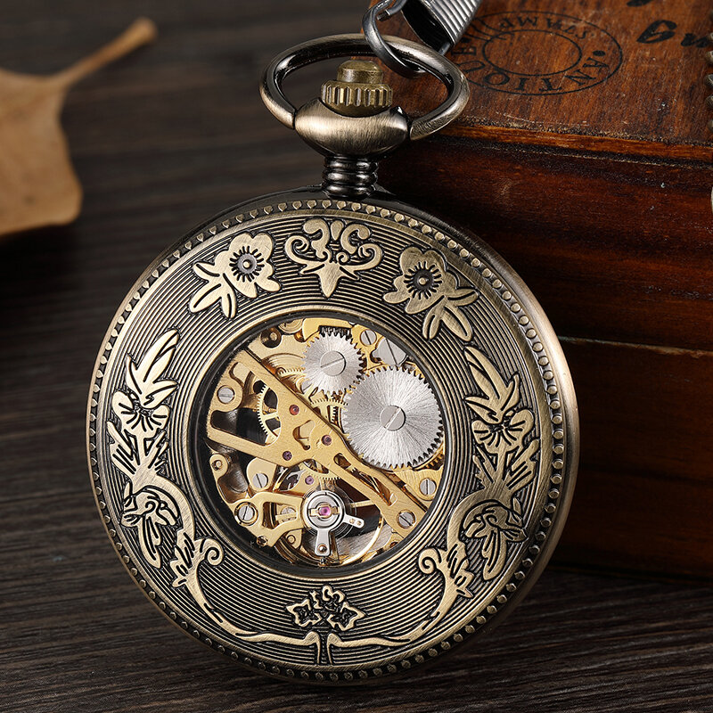 الرجعية البرونزية Steampunk الرجال الميكانيكية ساعة جيب اليد الرياح الجوف الرومانية الطلب الهيكل العظمي ساعة فوب الخصر سلسلة ساعة جيب هدية