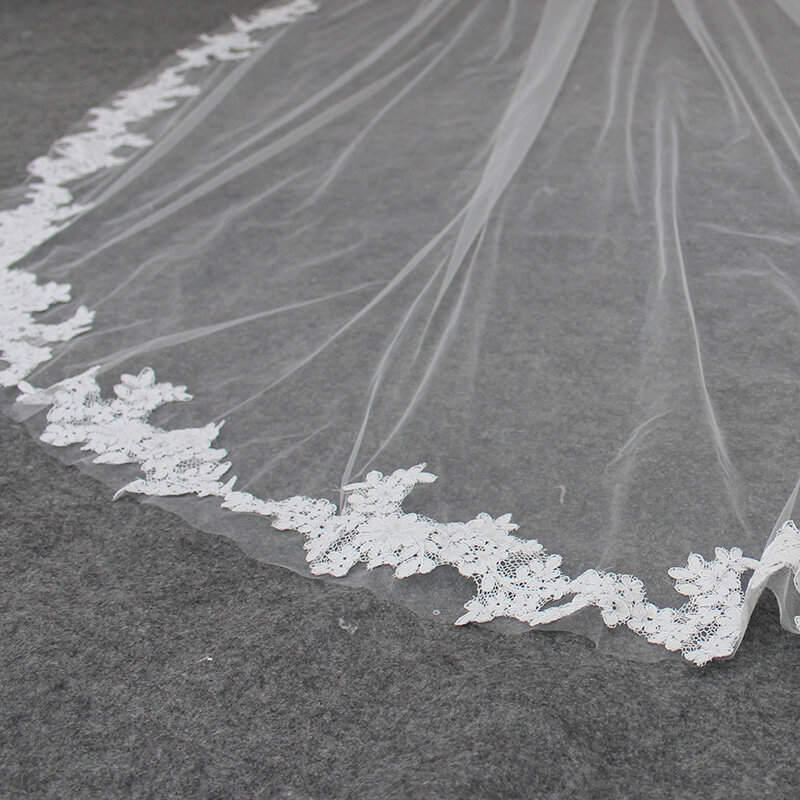 طرحة زفاف طويلة أنيقة مزينة بالدانتيل بطول 4 متر طبقة واحدة أبيض عاجي تول حجاب زفاف Welon Veu de Noiva