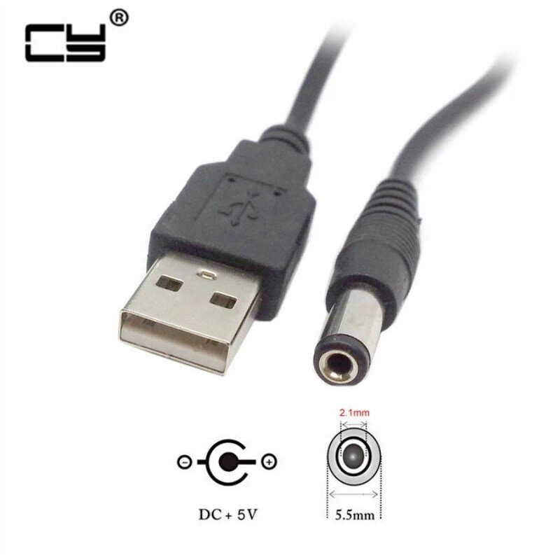 كابل USB 2.0 من النوع ذكر إلى 5.5 × 2.1 مللي متر ، موصل برميل تيار مستمر ، كابل أسود 80 سنتيمتر ، 5 فولت تيار مستمر