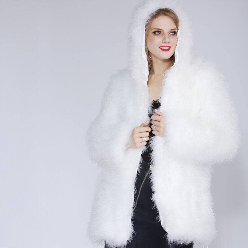 Newowlbie أزياء الأبيض تركيا الفراء معطف الإناث الدافئة طويلة الأكمام الشتاء معطف محيط الورك قابل للتعديل مقنعين الفراء الطبيعي