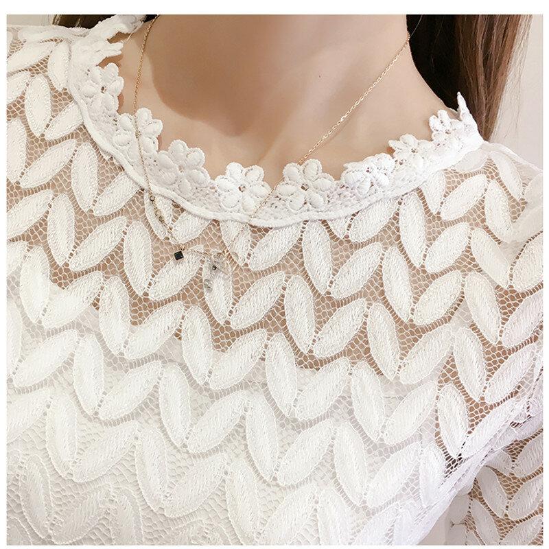 بلوزة بيضاء غير رسمية من الدانتيل الزهري ، ربيع وصيف 2018 ، قميص نسائي بأكمام واسعة مع فيونكة ، SE038