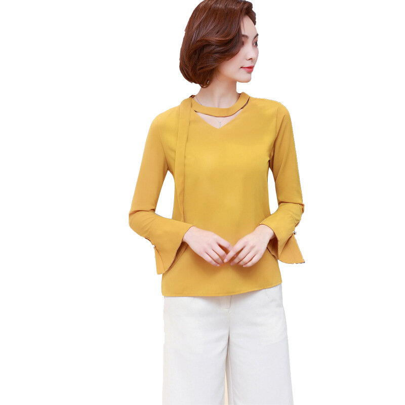 كبيرة الحجم المرأة طويلة الأكمام الشيفون قميص الربيع الخريف جديد الكورية الأزياء البوق كم الإناث أسفل البلوزات قمم h9048