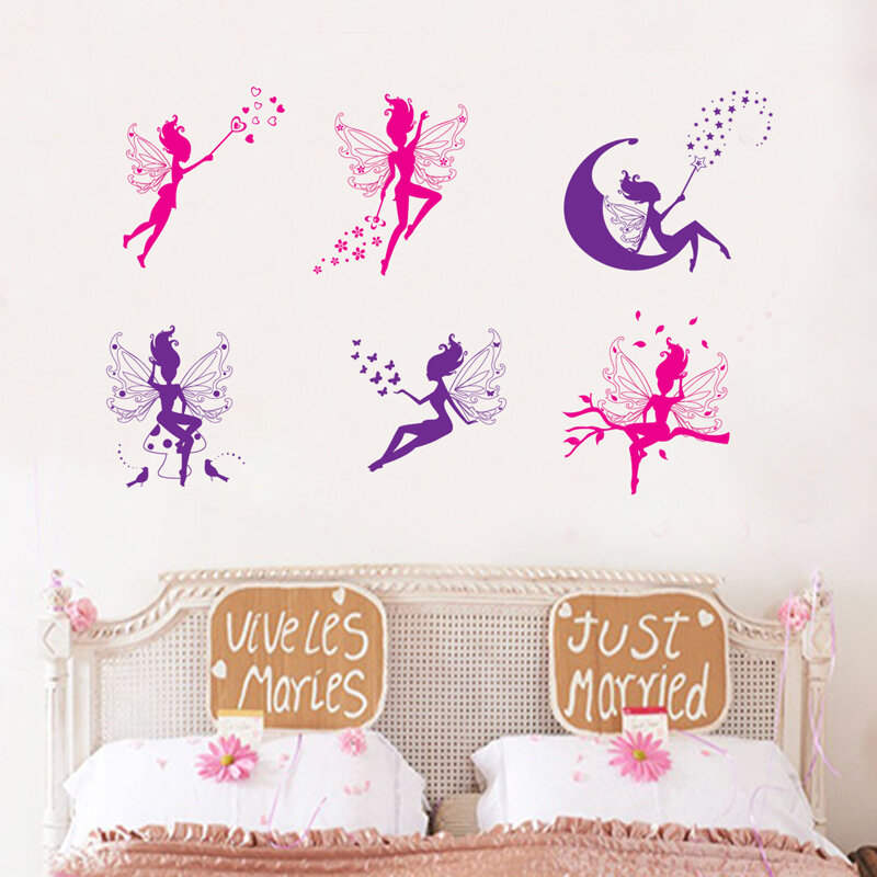 ملصق حائط كرتوني من Six Little fairy ، ملصق حائط ، ديكور منزلي لغرفة الفتيات ، ملصقات خلفية فنية ، زينة ، ملصقات Elf لطيفة