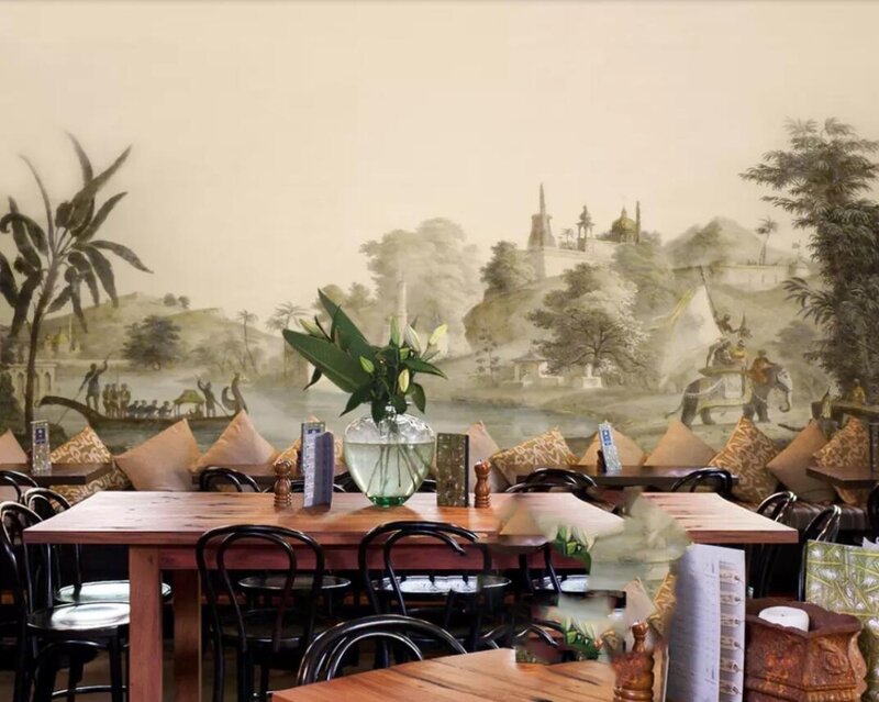 خلفية جدارية على شكل فيل قلعة رعوية من جنوب شرق آسيا, مطلية يدويًا على الطراز الأوروبي