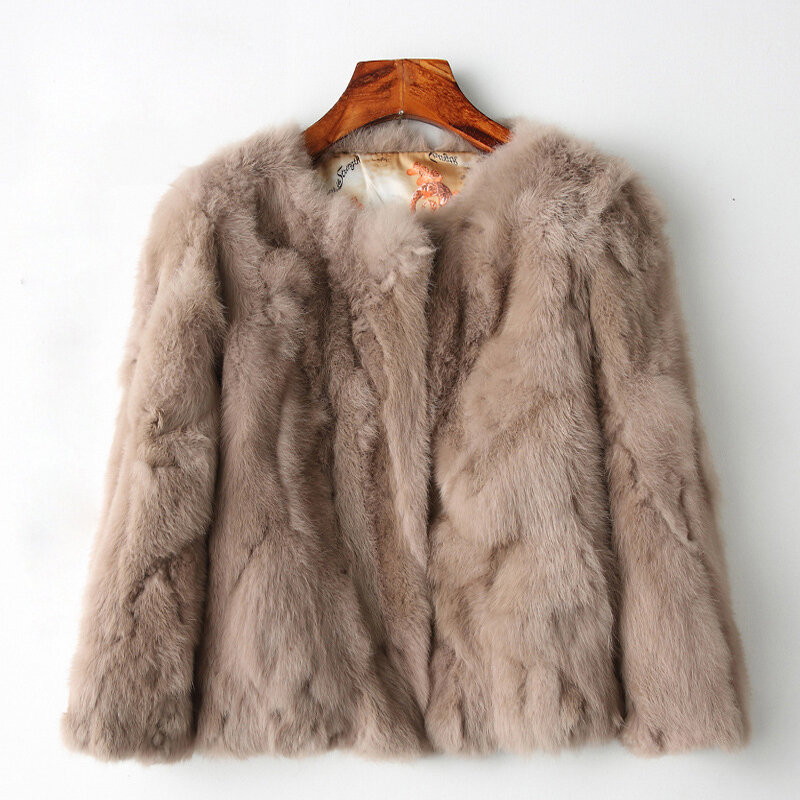 JKP النساء حقيقي أرنب معطف الفرو الطبيعي أرنب ريكس الفراء معطف س الرقبة أزياء ضئيلة رقيقة الأرنب الفراء معطف كامل بلت حقيقية الفراء