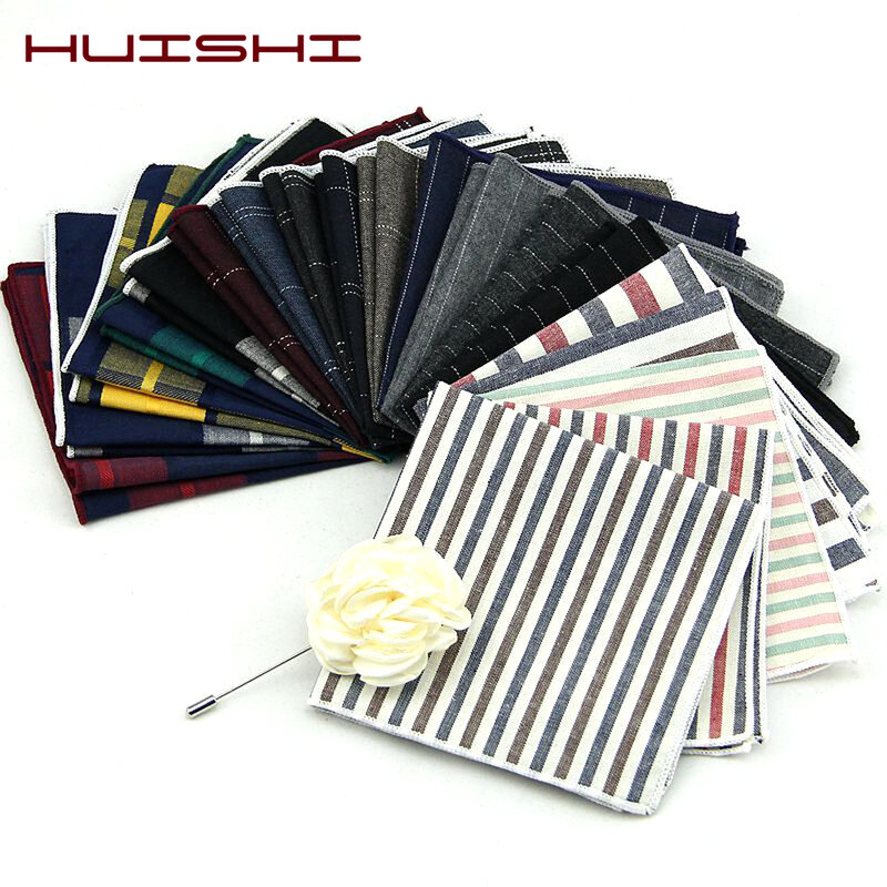 HUISHI-وشاح قطني مخطط مع جيب للرجال ، بدلة مربعة ، وشاح عمل ، مناديل صلبة