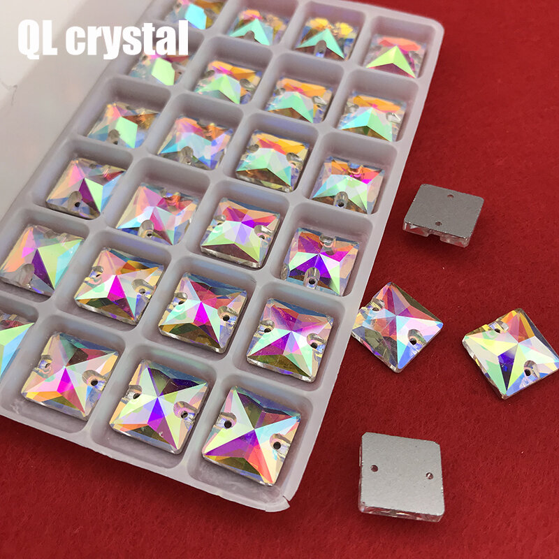 QLcrystal شعبية AB مربع خياطة على الراين الزجاج الكريستال 8,10 ، 12,14 ، 16,22 مللي متر Flatback خياطة على حجر الخرز اللباس الحرفية لوازم