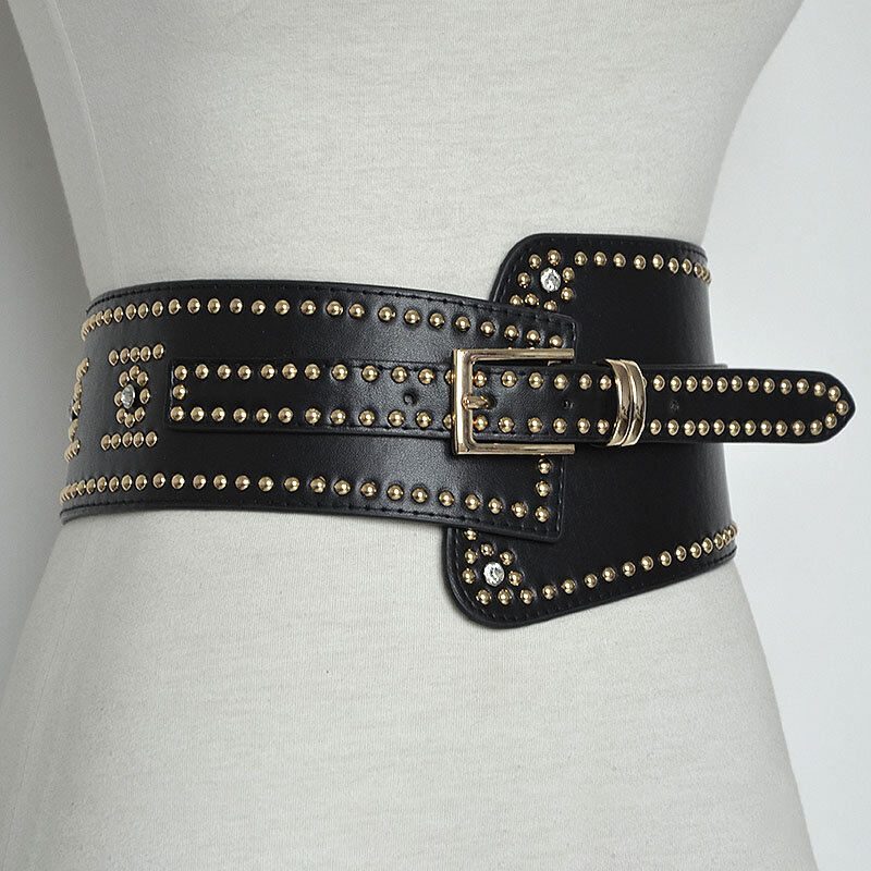 كول المرأة كامل رصع أحزمة جلدية سوداء لفساتين مصمم اليدوية واسعة تمتد حزام سيدة حجر الراين حزام على الانترنت