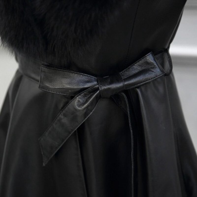 SWYIVY-معطف جلدي نسائي بياقة من فرو الثعلب ، معطف طويل متوسط ، معطف جلد صناعي ، مجموعة شتاء جديدة 2019