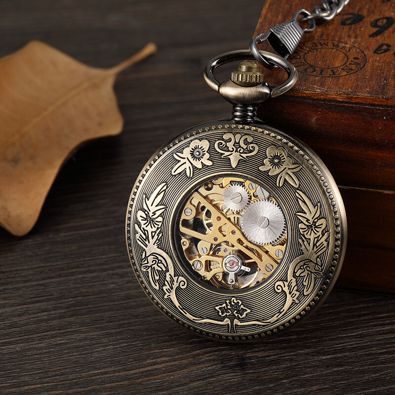 البرونزية الجوف Vintage ساعة الجيب الميكانيكية الرجال الهيكل العظمي نحت Steampunk فوب ساعة اليد مع سلسلة قلادة النساء الرجال هدية