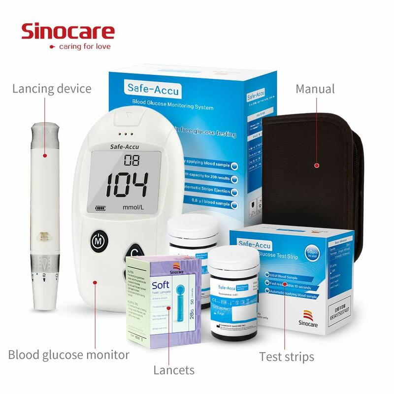 جهاز قياس جلوكوز الدم من Sinocare-Safe-Accu ، مجموعة غلوكمتر ، جهاز اختبار مرض السكري ، مقياس السكر الطبي ، 50 أو 100 شرائط اختبار Lancets