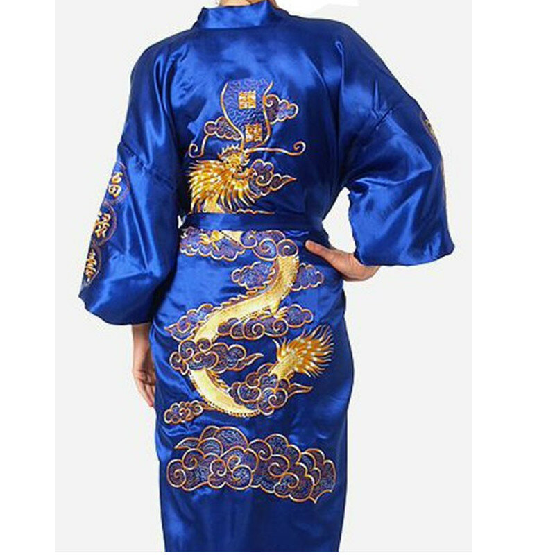 الأزرق الداكن الصينية الرجال الحرير حبل من الحرير التطريز كيمونو حمام ثوب التنين حجم S M L XL XXL XXXL S0008