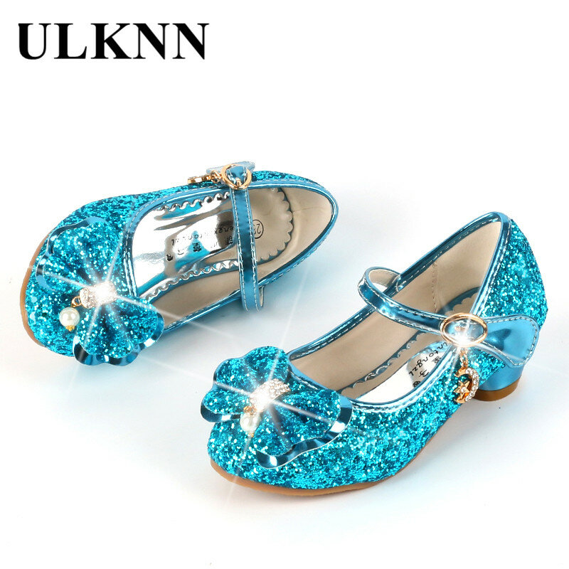 ULKNN-حذاء برنسيس من الجلد للبنات ، حذاء كاجوال مزين بالورود والترتر ، كعب عالي ، عقدة فراشة ، أزرق ، وردي وفضي