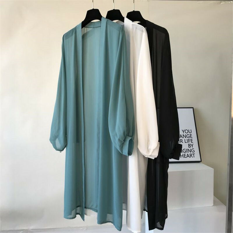 Gowyimmes-بلوزة شيفون بأكمام طويلة للنساء ، قميص متوسط الطول ، ملابس واقية من الشمس ، معاطف شاطئ PD333 ، صيف 2019