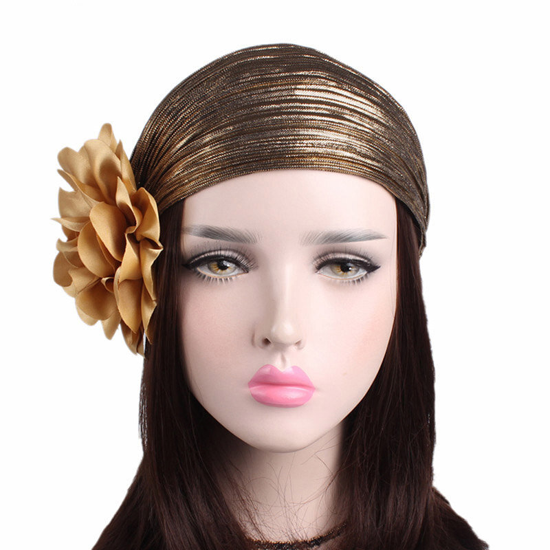 قبعات عمامة ذهبية وفضية على شكل زهرة للنساء ، موضة ، باندانا علاجية ، حجاب بطيات هندية ، عمامة نسائية