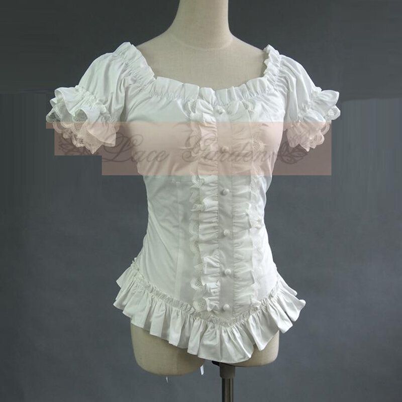 الصيف النساء Vintage القمصان القوطية قصيرة الأبيض الفيكتوري القمم مطوي الدانتيل ضمادة قميص القطن السيدات لوليتا بلوزة زي
