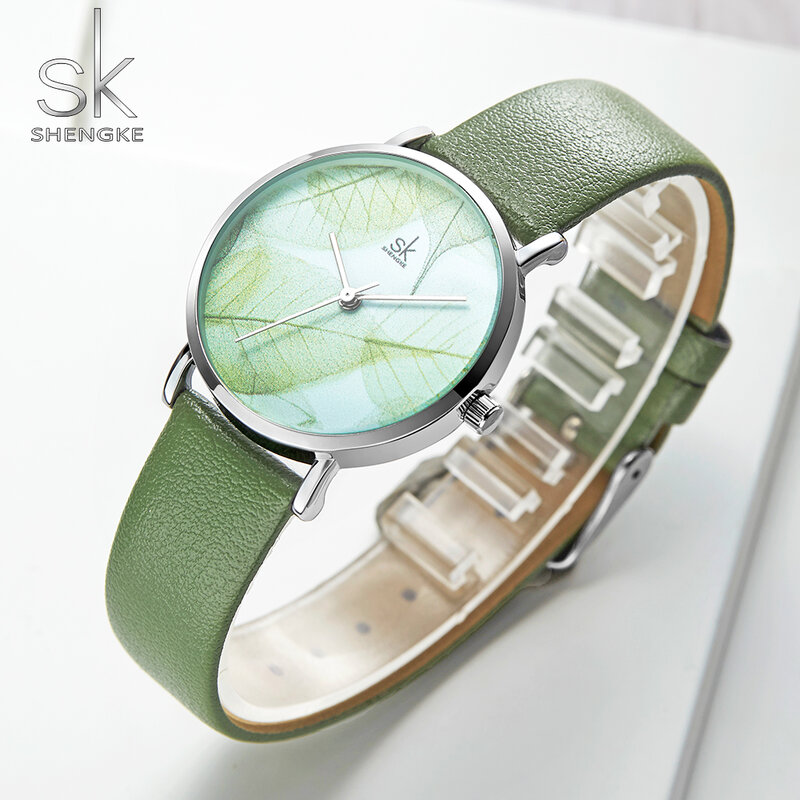 Shengke موضة جديدة ساعة نسائية ساعة السيدات الأخضر الهاتفي ساعة اليد الكوارتز اليابانية حركة هدية تصميم بسيط 3 بار مقاوم للماء