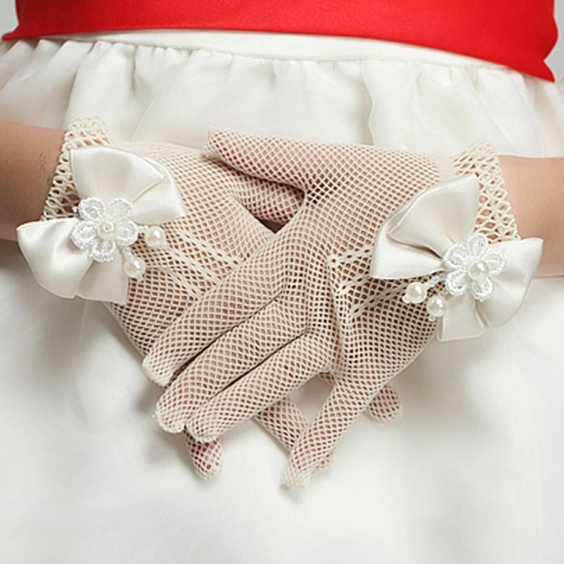 موضة الأميرة قفازات الزفاف للفتيات شبكة مساء اكسسوارات عيد الأطفال مع القوس عيد ميلاد قفازات الأداء ل