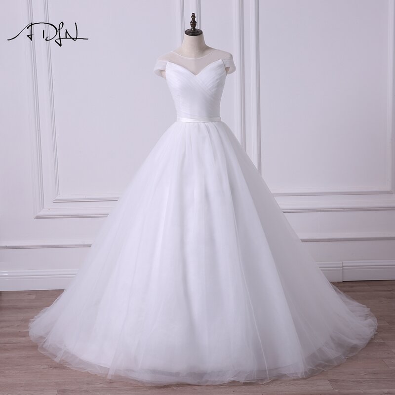 ADLN-فستان زفاف من التول الأبيض/العاجي ، فستان زفاف منتفخ ، بسيط ، ياقة شفافة ، أكمام كاب ، مخصص