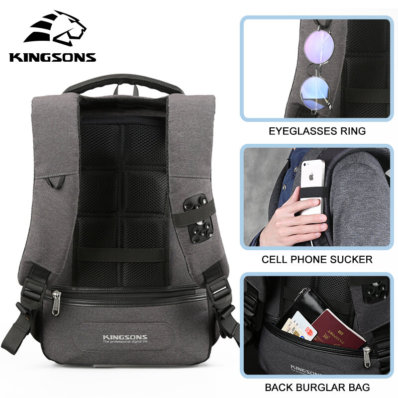 Kingsons-حقيبة ظهر رجالية متعددة الوظائف مع شحن USB ، حقيبة ظهر للكمبيوتر المحمول مقاس 13 و 15 بوصة ، مقاومة للسرقة