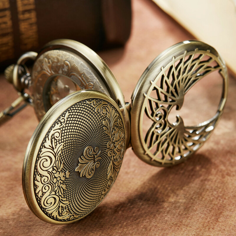 الفاخرة الذهبي الحب أجنحة ساعة جيب الميكانيكية الرجال النساء فوب سلسلة فريدة الجوف تصميم الهيكل العظمي مزدوجة الجانب اليد الرياح الساعات