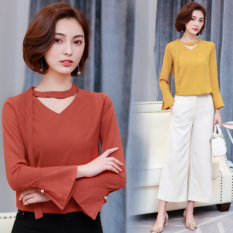 كبيرة الحجم المرأة طويلة الأكمام الشيفون قميص الربيع الخريف جديد الكورية الأزياء البوق كم الإناث أسفل البلوزات قمم h9048