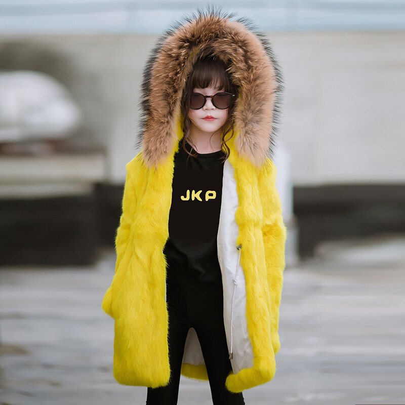JKP 2022new الشتاء الأطفال ريال الأرنب معطف الفرو الأطفال الفتيات الصلبة الدافئة الطبيعية الراكون معطف بياقة من الفرو