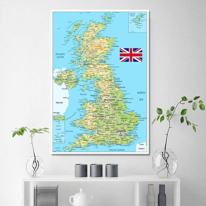 ملصق خريطة المملكة المتحدة ، زخرفة جدارية ، حجم المملكة المتحدة ، حجم كبير ، مقاوم للماء والمسيل للدموع ، 54x80cm