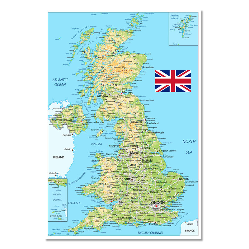 ملصق خريطة المملكة المتحدة ، زخرفة جدارية ، حجم المملكة المتحدة ، حجم كبير ، مقاوم للماء والمسيل للدموع ، 54x80cm