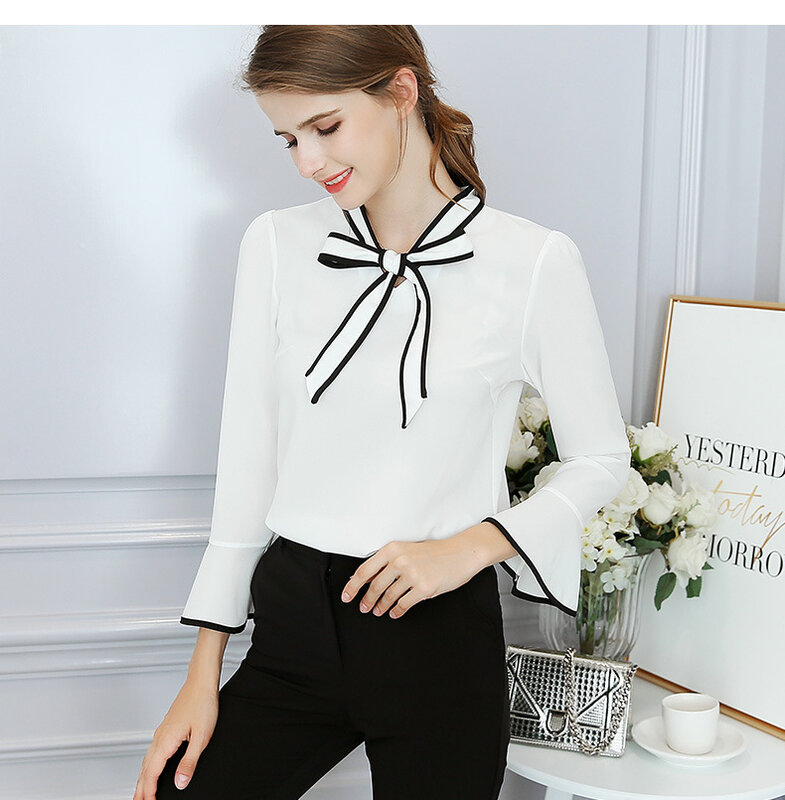 الربيع الصيف الشيفون قميص مكتب السيدات جديد الكورية الصلبة اللون البلوزات النساء أزياء Bowknot عارضة أنيق فائق الملابس H9120