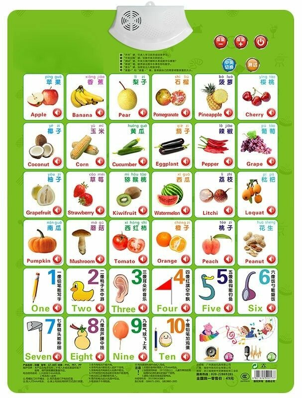 الفاكهة النباتية عدد 1-10 كتاب بطاقة التعلم الطفل الصوت رسومات للجدار التعليم المبكر التنوير ألعاب إلكترونية للطفل