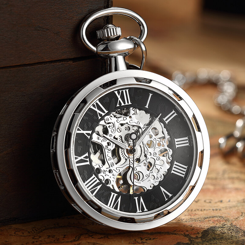 ساعة أثرية قلادة Steampunk الهيكل العظمي الميكانيكية فوب سلسلة جيب الساعات الرومانية عدد ساعة قلادة اليد لف الرجال النساء