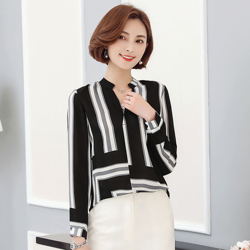 الشيفون المرأة بلوزة كم طويل V-طوق ضئيلة الربيع الخريف جديد الكورية منقوشة قميص مكتب السيدات أسفل العمل أعلى الملابس H9032