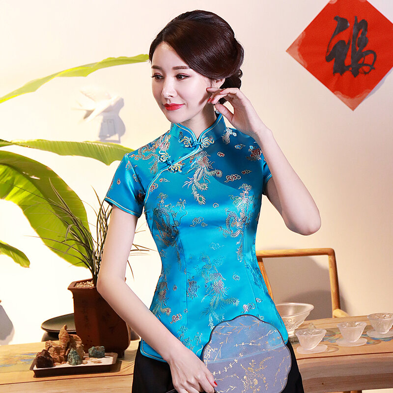 بلوزة نسائية صينية من Dragon Phoenix قميص صيفي جديد غير رسمي بأكمام قصيرة ملابس تقليدية بياقة الماندرين