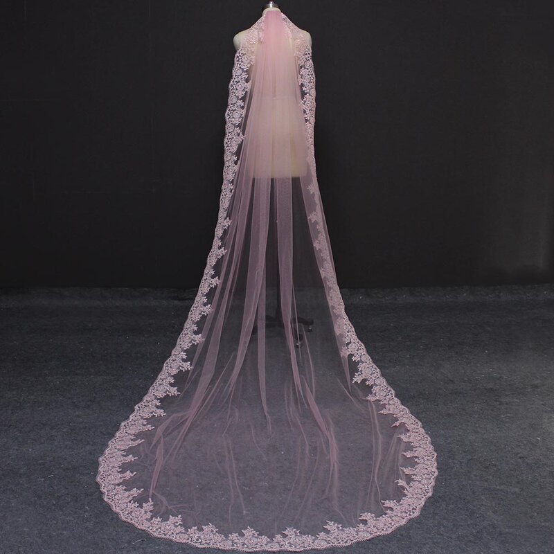 طرحة زفاف طويلة باللون الوردي مع مشط ، طبقة واحدة ، 3 أمتار ، طرحة زفاف ، طرحة زفاف ملونة