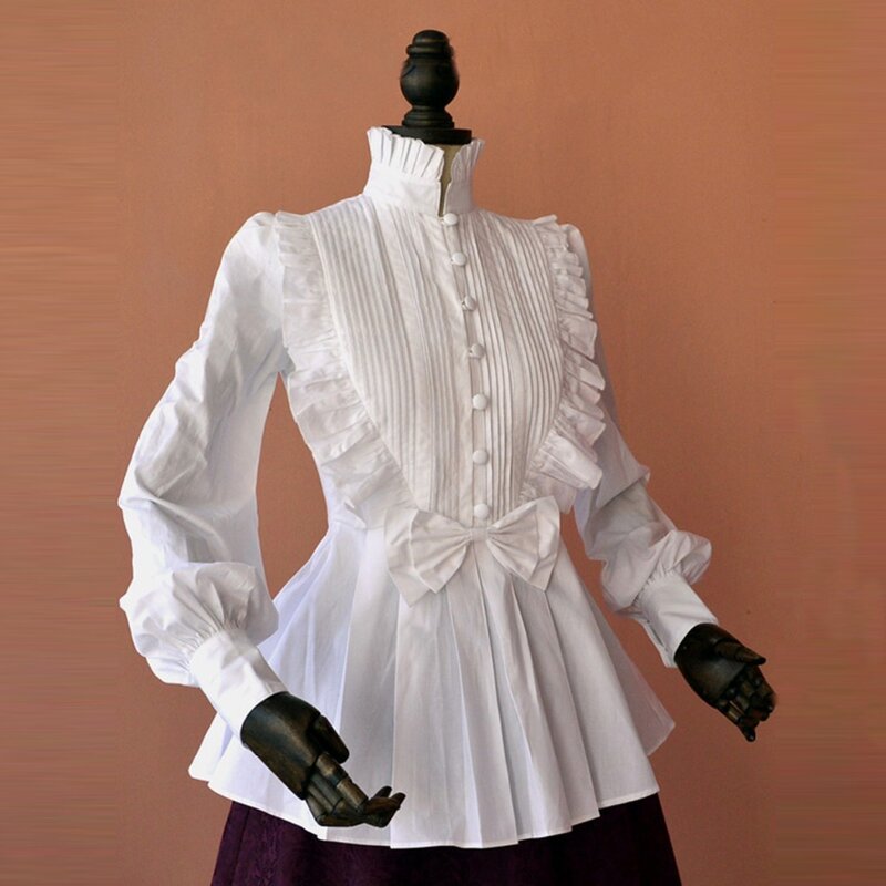 قمصان بيضاء ذات ثنيات على الطراز الفيكتوري عتيق للنساء ، قمصان بأكمام فانوس ، بلوزة قوطية عالية الياقة ، أزياء لوليتا ، ربيع