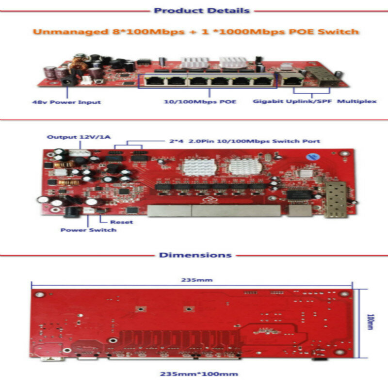 OEM/ODM 9 منافذ gigabit SFP switch module support AF/AT 10/100/1000Mbps