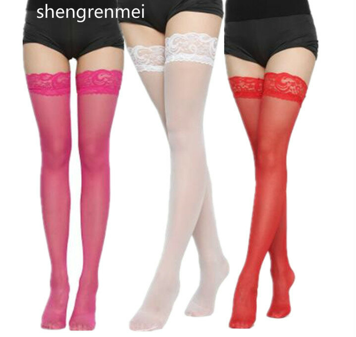 Shengrenmei أحدث عدم الانزلاق جوارب النساء الملابس الداخلية سيدة مرونة الدانتيل أعلى الجوارب الإناث شير الفخذ عالية جوارب الأبيض الأحمر
