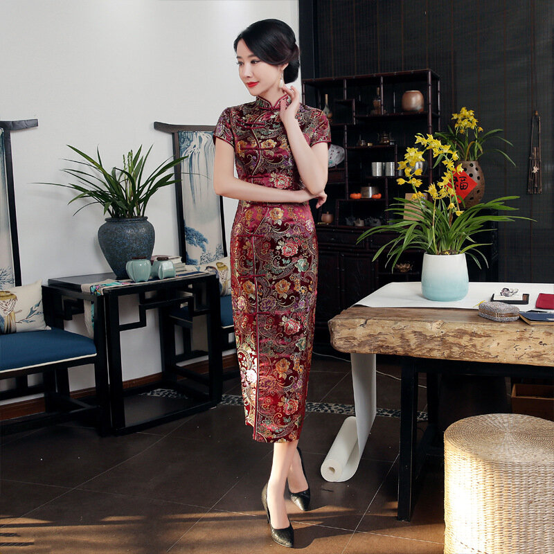 الساخن بيع الحرير شيونغسام التقليدية الصينية عالية الجودة الصينية السيدات تشيباو سلم قصيرة الأكمام الجدة فستان طويل S-3XL J0026