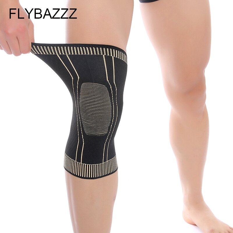 FLYBAZZZ-دعامة ركبة مضادة للبكتيريا وغير قابلة للانزلاق ، قفل آلي ، للياقة البدنية ، والجري ، وركوب الدراجات ، عملية دعم الركبة ، أيونات نحاسية