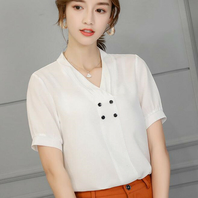 جديد الكورية الشيفون قميص الإناث الأزياء لون نقي قصيرة الأكمام V طوق بلوزة النساء السيدات الربيع الصيف رقيقة قميص أعلى h9105