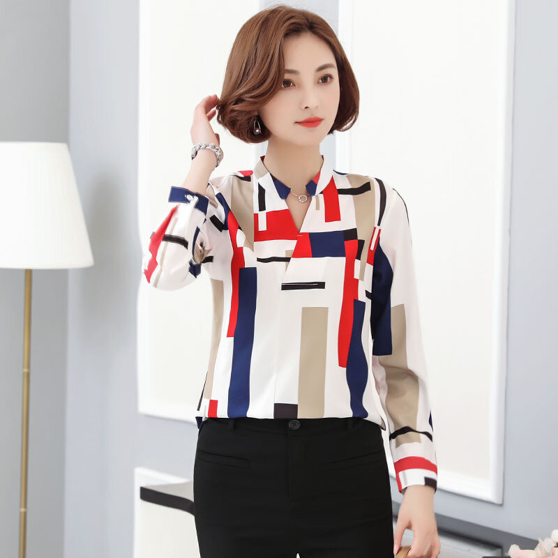 الشيفون المرأة بلوزة كم طويل V-طوق ضئيلة الربيع الخريف جديد الكورية منقوشة قميص مكتب السيدات أسفل العمل أعلى الملابس H9032