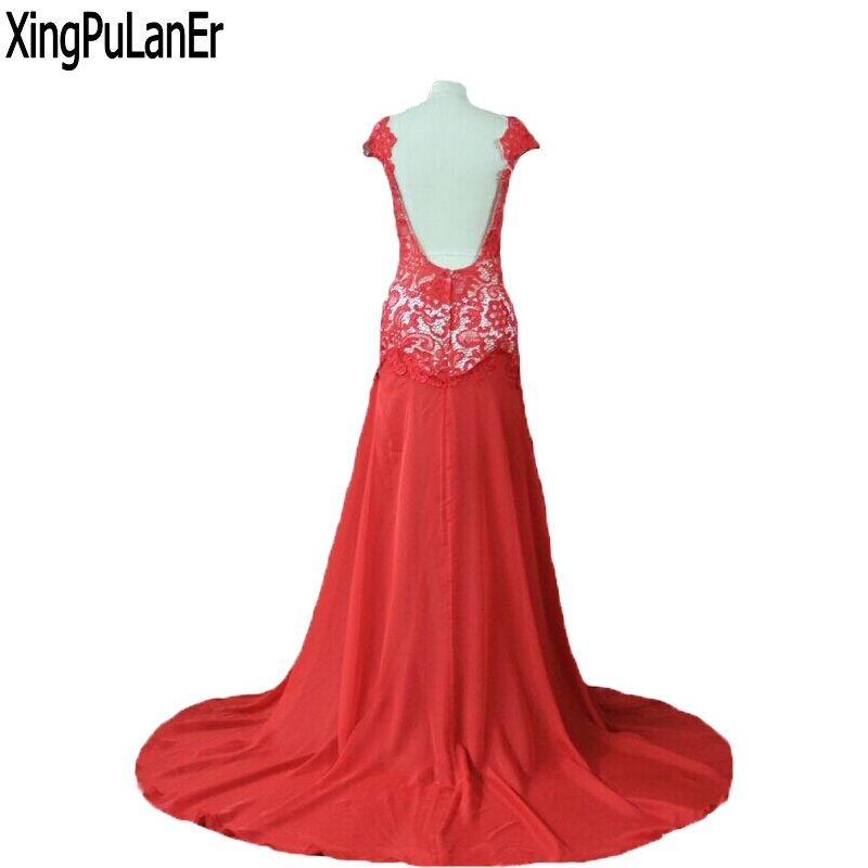 فساتين سهرة أنيقة من XingPuLanEr robe de soiree ذات أكمام طويلة ورقبة واسعة من الشيفون والدانتيل الأحمر مفتوحة من الخلف
