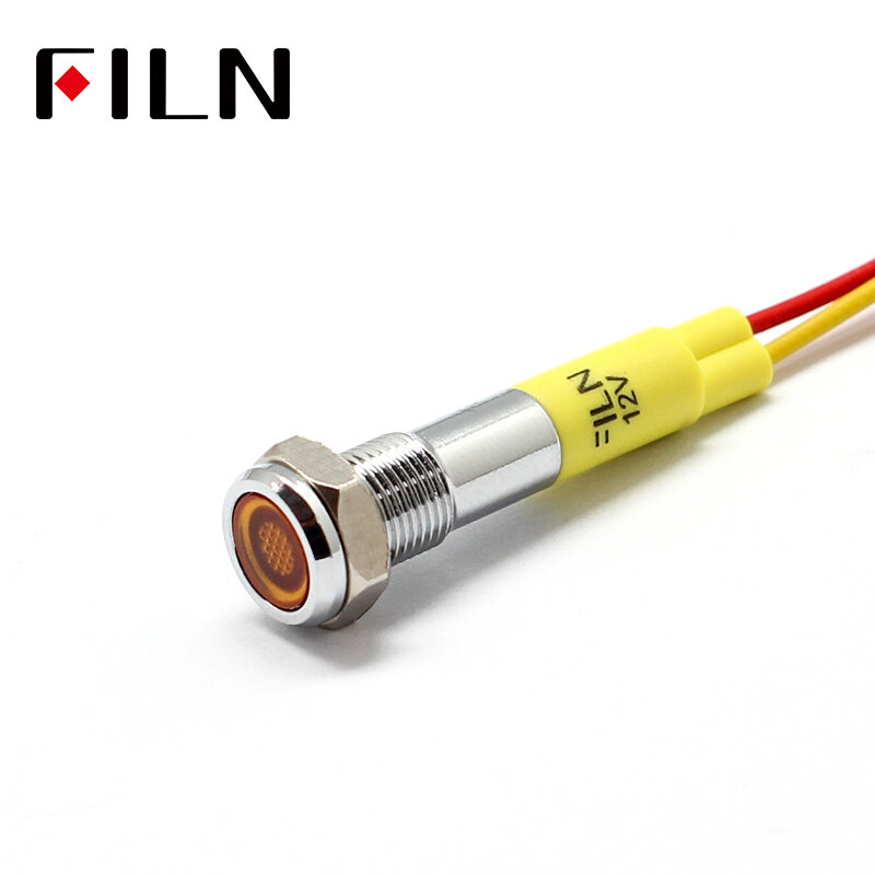 Filn-مصباح مؤشر معدني LED صغير 6 مللي متر ، 12 فولت ، مصباح مؤشر مسطح أحمر وأصفر مع كابل 20 سنتيمتر