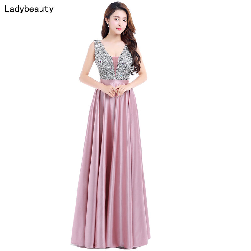 Ladybeauty-فستان سهرة طويل بظهر مكشوف وفتحة رقبة على شكل v ، فستان حفلات أنيق