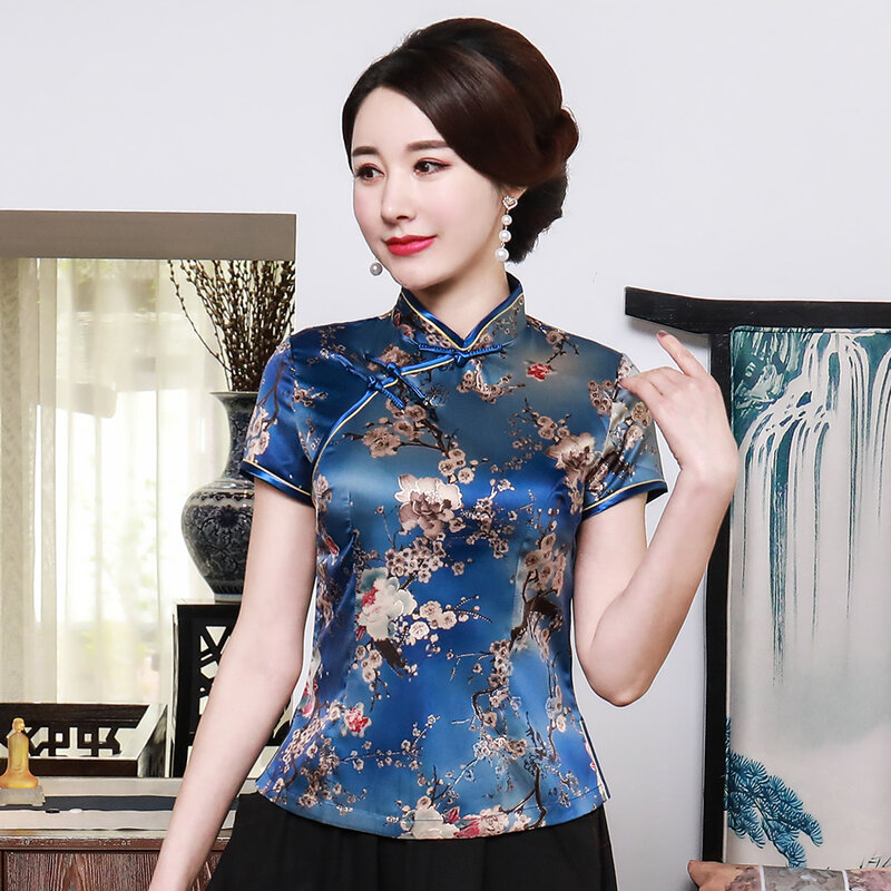 الصينية المرأة طباعة بلوزة زائد حجم 3XL 4XL أنيقة الإناث تانغ أعلى قصيرة الأكمام خمر قميص اليوسفي طوق قمم A0101